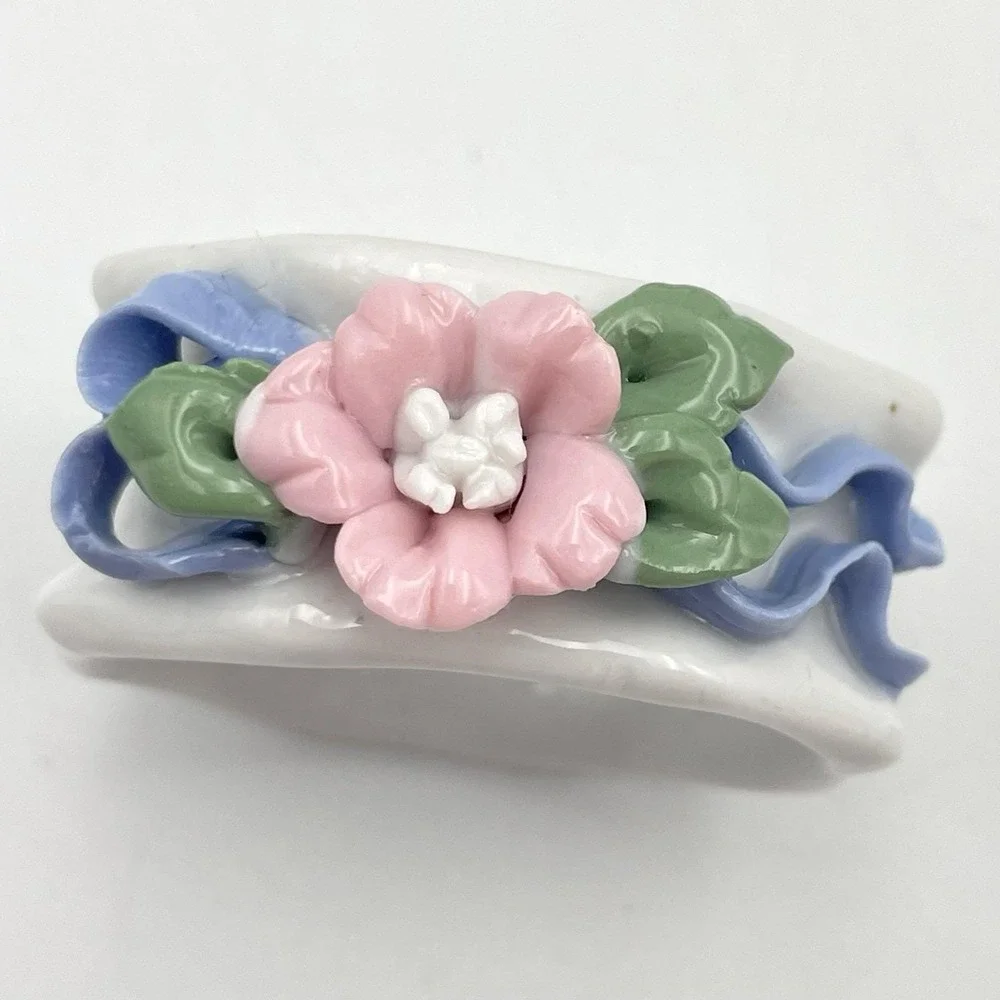 Vintage 1980s Porcelain Floral Napkin Rings Set of 6 Applied Flowers Pastel